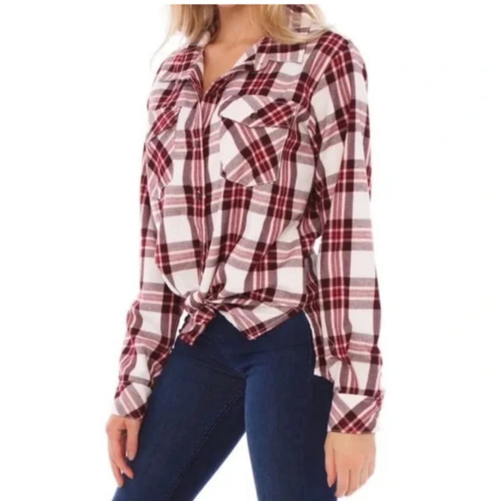 🌸NWT Sanctuary Boyfriend Maroon Plaid Button Down Shirt. Lightweight Flannel. M - Picture 2 of 15
